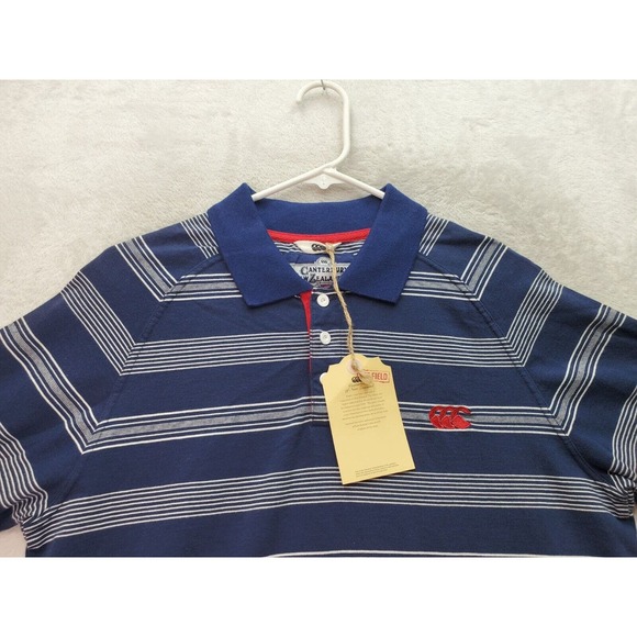 Canterbury of New Zealand Polo Shirt Men Small Navy Striped Cotton Slit Collared - Picture 4 of 9